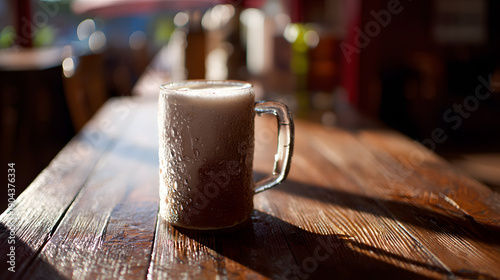 hops. A frosted beer mug with condensation droplets resting on a rustic wooden table in warm pub lighting. bar promotions, beverage menus, designed for food & beverage menus and cafe branding.