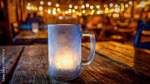 hops. A frosted beer mug with condensation droplets resting on a rustic wooden table in warm pub lighting. bar promotions, beverage menus, designed for food & beverage menus and cafe branding.