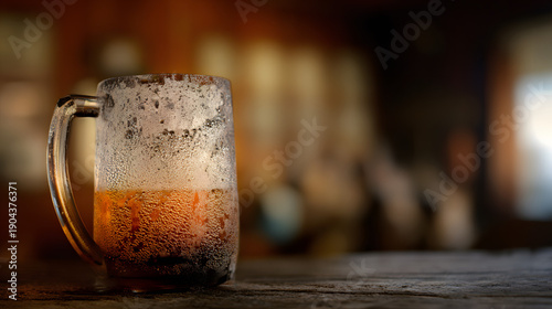 hops. A frosted beer mug with condensation droplets resting on a rustic wooden table in warm pub lighting. bar promotions, beverage menus, designed for food & beverage menus and cafe branding.