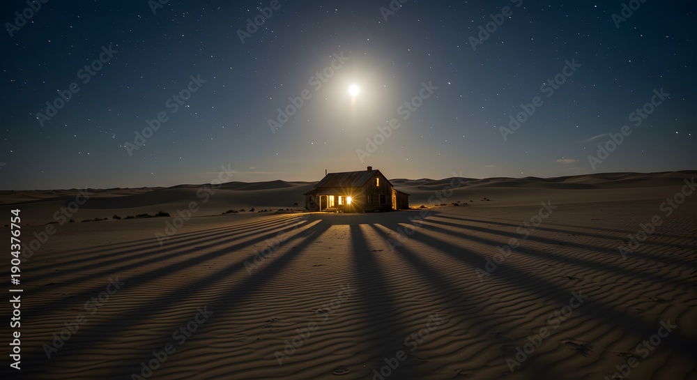 Fototapeta premium Desert scene at night. An old building is illuminated by moonlight, with long shadows