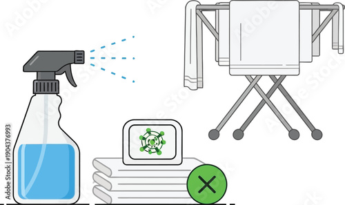 Disinfectant spray bottle targets a stack of folded towels on a drying rack, indicating a proper cleaning procedure.