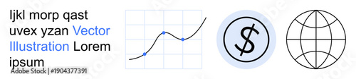 Financial analytics, business trends, currency exchange, digital marketing, global economy, data visualization. Line graph, dollar sign globe icon. Financial analytics and business trends