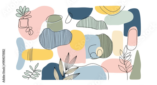 Abstract Organic Shapes and Botanical Line Art Elements, Modern Minimalist Design Background