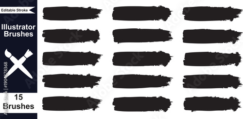 Vector Illustrator Brushes, 15 Black Brush Strokes, Graphic Design Tools, Digital Painting, Isolated on white background