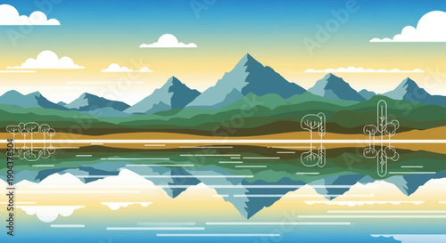 Serene mountain landscape with a calm lake reflecting the majestic peaks and a beautiful sky at sunrise or sunset.
