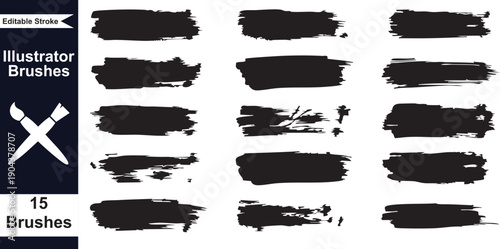 15 Black Brush Strokes Illustrator Brushes for Design, Painting Effect, Graphic Overlay, Isolated on Transparent Background, PNG