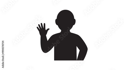 Silhouette of a child waving hand in greeting gesture with dark tone on white background for advertising
