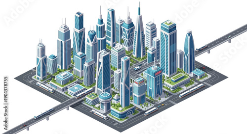 Futuristic smart city isometric illustration with modern skyscrapers, advanced buildings, and integrated transportation on an isolated white background.