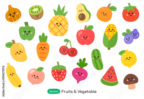 Kawaii fruits and vegetables collection with cute faces, vector illustration of healthy organic food characters set