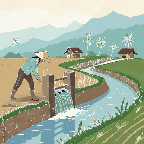 Rural farmer meticulously tending to a water channel in a vibrant rice field, surrounded by scenic hills and traditional homes, showcasing agricultural life