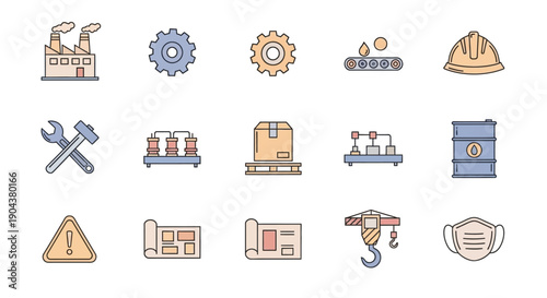 Industry, Manufacturing, and Safety Outline Icons on an Isolated White Background