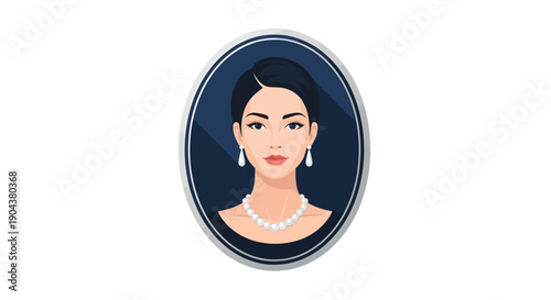 Elegant woman portrait in oval frame with pearl jewelry.