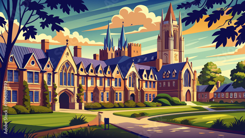 Very beautiful view of Saybrook College at Yale University, where Collegiate Gothic design reveals intricate stonework, vaulted forms, and enduring academic heritage within a historic campus.