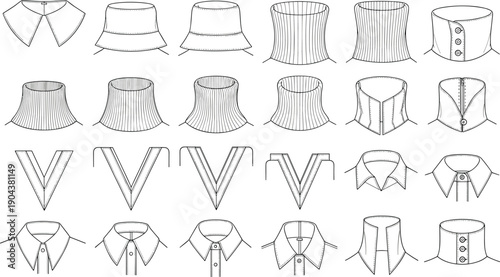 Fashion Neckline and Collar Types Technical Sketch Vector Set Including V-Neck Crew Neck Turtleneck Button Down and Polo Styles for Design