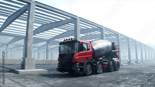 Concrete mixer truck on construction. driving. Building and transport concept. 3d rendering.