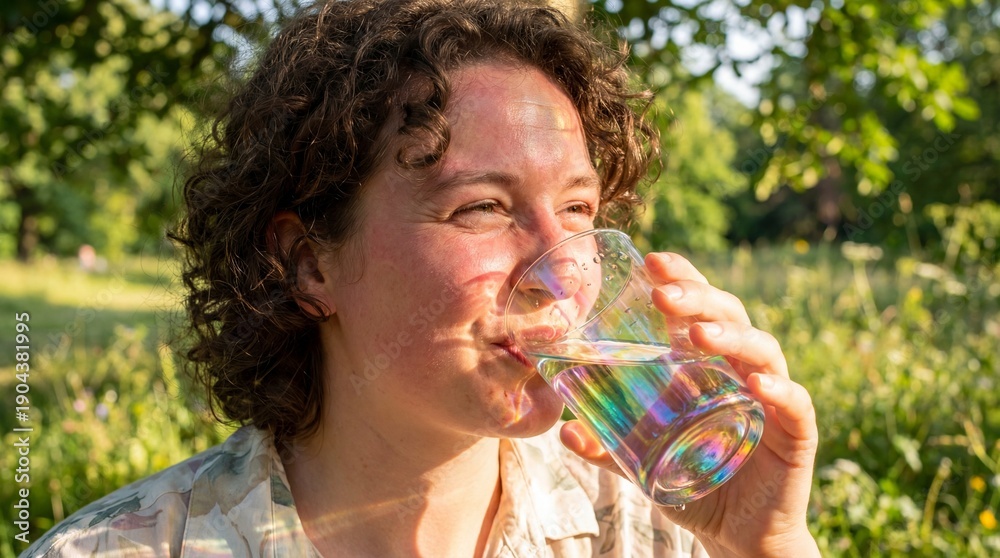 Obraz premium Woman drinking water from a glass outdoors in a serene natural setting with lush greenery