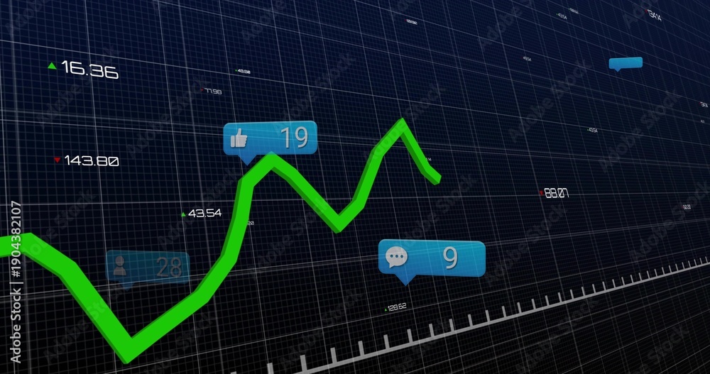 Obraz premium Displaying neon green line graph climbing across dark 3D grid, showing blue engagement labels