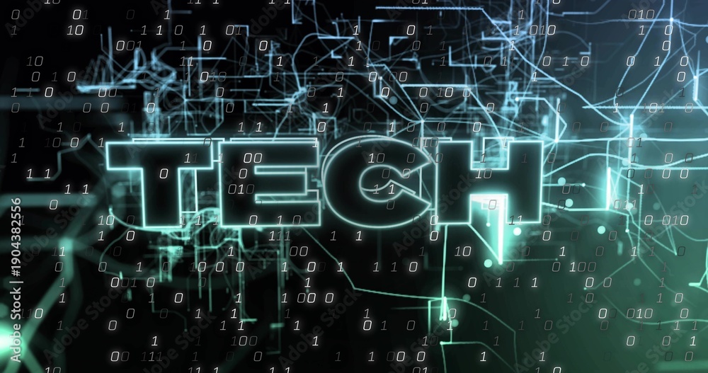 Fototapeta premium Glowing three-dimensional TECH text floating in virtual network, with binary digits and nodes