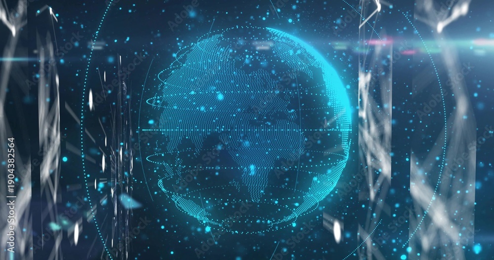 Fototapeta premium Floating cyan-blue holographic globe rotating within dark virtual studio, with rings and scan lines