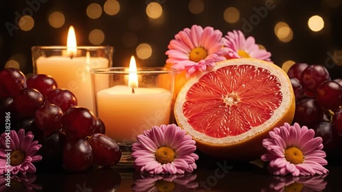 Candlelit serenity A vibrant still life featuring fresh grapefruit, luscious grapes, and delicate blossoms, creating a peaceful, aromatic ambiance for relaxation