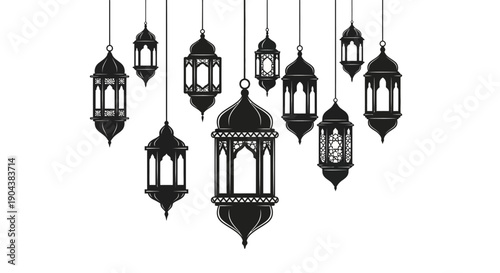 Vector illustration of hanging lanterns in various shapes and sizes against a white background, symbolizing Ramadan and Islamic culture with a touch of traditional Middle Eastern
