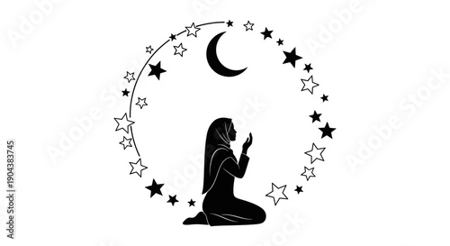 Vector illustration of a Muslim woman praying with a crescent moon and stars in a circular pattern, conveying a serene and peaceful mood in a minimalist style.