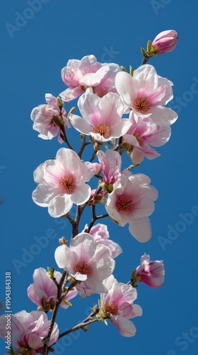A blooming magnolia tree branch against a clear blue sky, pink and white flowers