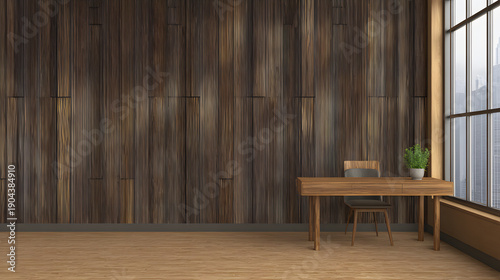 institutional. Comfortable home office featuring stylish wooden wall and single desk with plant in natural light. lifestyle magazines.