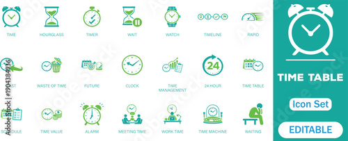 
Time icon set. Timer, alarm, schedule, hourglass, clock, Meeting Time, work, hours, Waste of Time, Timetable, Timeline, Time Value and more icons. perfect vector icon collection.