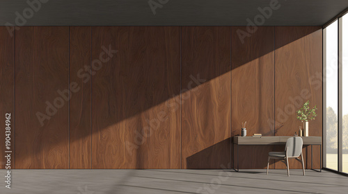 institutional. Comfortable home office featuring stylish wooden wall and single desk with plant in natural light. lifestyle magazines.