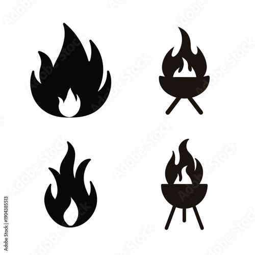 Four distinct icons representing different types of fire and flames in black and white