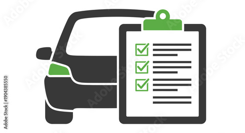 Simple black and green graphic illustrating a vehicle inspection checklist and approved status represented by a clipboard with checkmarks.