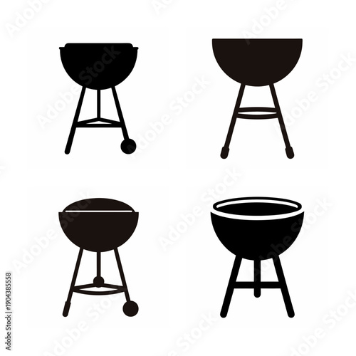 Four different views of black barbecue grills with distinct stand designs