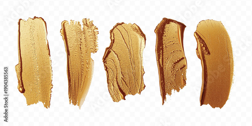 realistic 3d smooth glossy gold paint or lipstick swatch smear smudge in different style isolated on transparent background	
