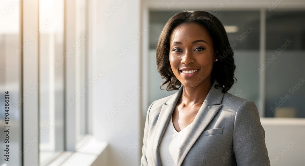 Fototapeta premium Black businesswoman standing in modern office interior