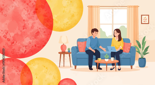 Couple collaborates at home on a laptop with colorful abstract shapes