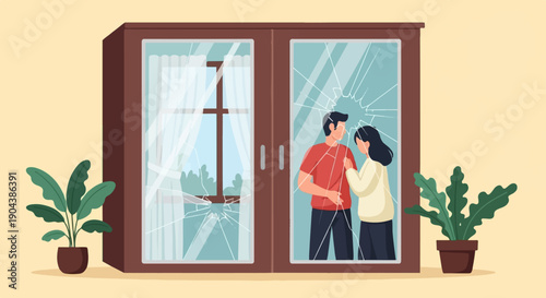 Couple comforting each other near a broken window