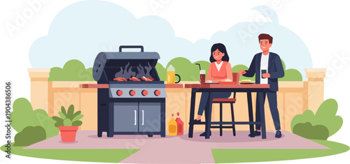 Couple enjoying a backyard barbecue with grilling and drinks