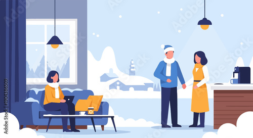 Couple enjoying a cozy winter scene inside, with a woman on a couch and a man with a woman by a coffee machine
