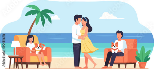 Couple embracing on beach with dogs, palm tree, and ocean backdrop