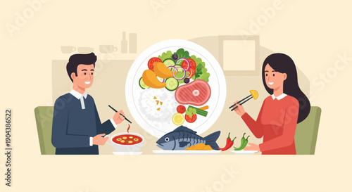Couple enjoying a diverse meal of fish, meat, rice, and vegetables