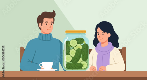Couple enjoying a cup of tea beside a large jar of pickles