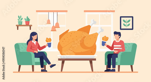 Couple enjoying a festive meal with a whole roasted chicken centerpiece