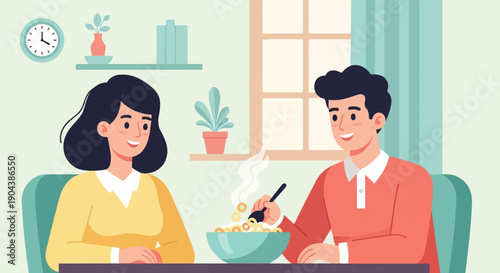 Couple enjoying a healthy breakfast together in a bright, cozy home environment