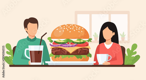 Couple enjoying a giant burger and drinks indoors