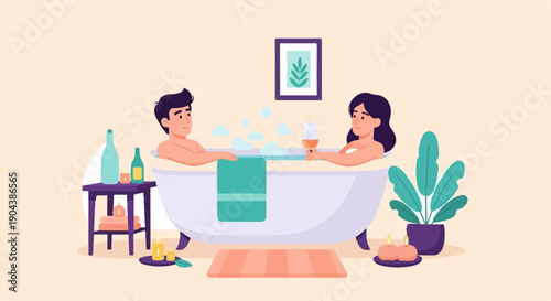 Couple enjoying a relaxing bath with drinks and candles