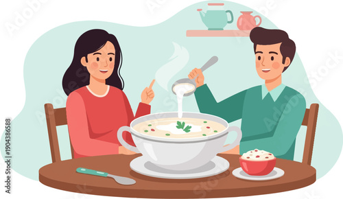 Couple enjoying a warm bowl of soup together at a table