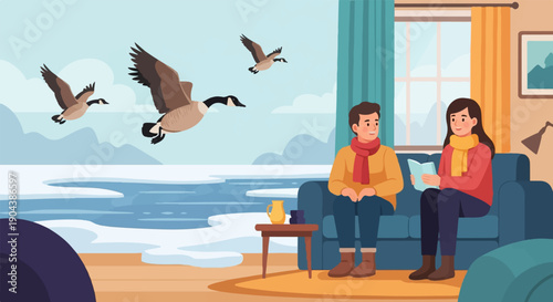 Couple enjoying a winter evening indoors, watching geese fly by