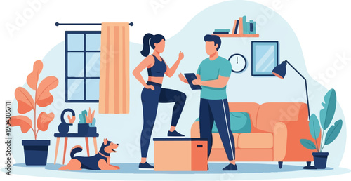 Couple exercising in a cozy room with a dog nearby, discussing fitness plan