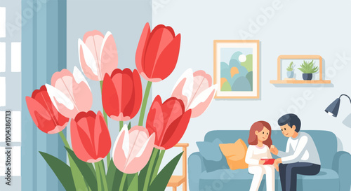 Couple gifting present on sofa with tulips and home decor
